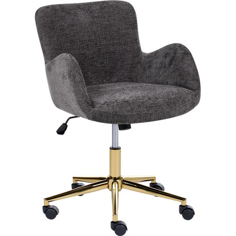 Silla de oficina tapizada en chenilla base de hierro dorada giratoria altura regulable respaldo reclinable con reposabrazos gris oscuro Misorela (1/5)