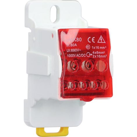 Boîte de distribution à bornes sur rail DIN 690 V 80 A, avec bornes en laiton pour conducteurs épissables, pour appareils électroménagers (rouge). (1/5)