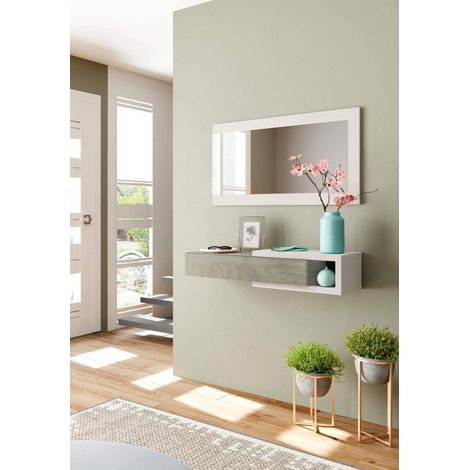 Dmora - Mueble de entrada Dhasi, Pasillo con espejo, Mueble recibidor con cajón, Vaciadores de bolsillo para apartamentos, 95x26h69 cm, Blanco y Roble (1/5)