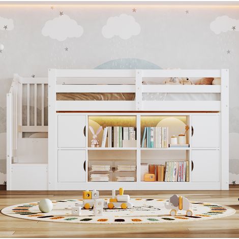 Cama alta 90/200 cm blanca con armarios, estantes, escalera con almacenaje y LED (1/5)