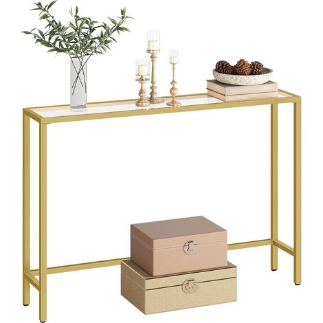 Gold Console Table, Tempered Glass Sofa Table, Slim Hallway Table, Glass Console Table, 100 x 22 x 80 cm, Modern Display Table for Living Room, Sturdy, Metal Frame, HOOBRO EGD01XG01 (1/5)