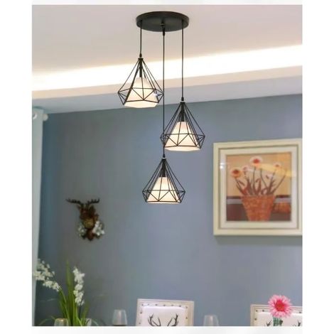 Lustre Suspension Cage forme Diamant 3 Luminaire E27 25cm Noir (1/4)