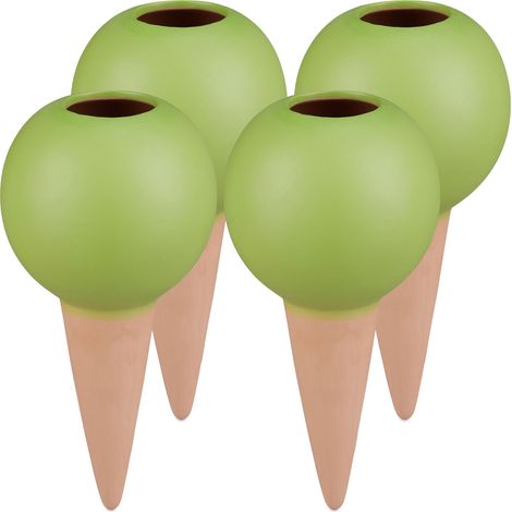 Relaxdays Tonspitzen Bewässerung, 4er Set, Bewässerungskugeln für 1,5 L Flaschen, Gießhilfe aus Keramik, terrakotta/grün