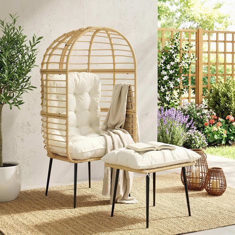 Fauteuil de jardin avec repose-pieds, fauteuil en rotin PE en forme d'œuf avec coussins longs et épais, structure en métal, beige (1/5)