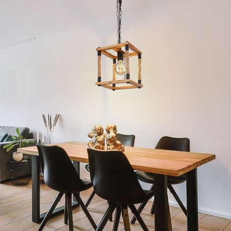 Hängeleuchte Holz Esszimmerleuchte Hanfseil Pendelleuchte Wohnzimmerlampe Holzrahmen, Metall schwarz naturfarben, 1x E27, LxBxH 25x25x120 cm