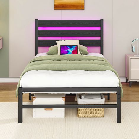 Cadre de lit 90x200 cm avec plaque de tête, cadre métallique avec station de charge USB, cadre LED, support en acier robuste, rangement sous le lit, sans box spring, sans bruit, montage simple