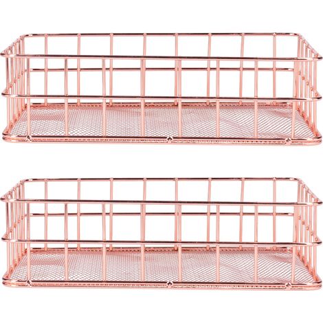 2 Corbeilles de rangement en fer forgé rose doré, style nordique simple, organisateur de bureau et conteneur de décoration (1/5)