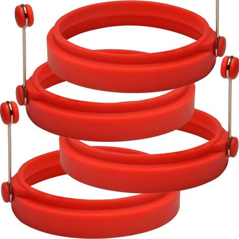 Cercle à œufs professionnel en silicone, moule rond antiadhésif pour crêpes, sandwichs, œufs Bénédicte, omelettes et plus encore, rouge (lot de 4) (1/5)