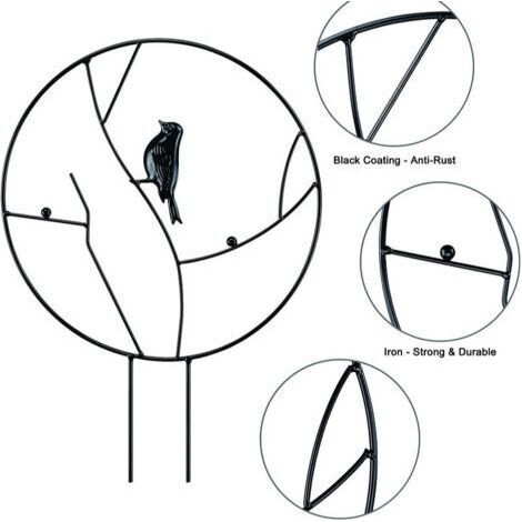 Lot de 2 treillis de jardin en fer pour plantes grimpantes, petit treillis antirouille de 40,6 cm pour plantes d'intérieur en pot, treillis rond avec oiseau – Noir (1/3)