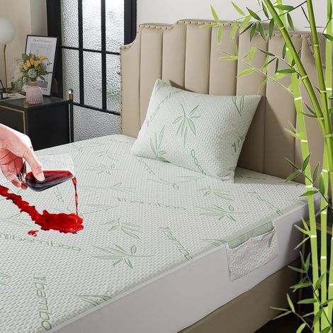Protege Matelas 140x190 Fibre de Bambou, 100% Imperméable, Protection Matelas Drap House Bonnet 30cm Ultra Douce Couvre Matelas Parfaitement, Hypoallergénique Anti-Acarien (1/5)