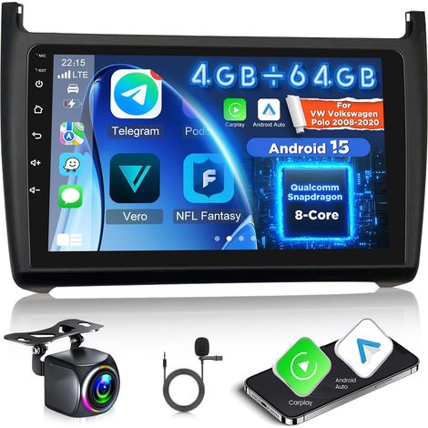 4G+64G 8 Cœurs Autoradio pour 2008-2020 avec sans FI Carplay Android Auto, Android 15 Écran Tactile 9 Pouces avec WiFi, GPS, Bluetooth 5.1, FM/RDS, DSP (1/5)