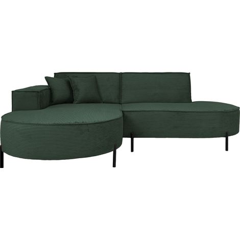 Ecksofa 3-Sitzer im Loft-Stil, Skandi-Design – L-Form, Ecke Links – Hohe Metallfüße – inkl. Dekokissen, Cordstoff Chenille – Dunkelgrün