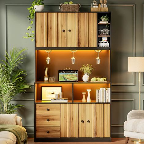 Armoire de cuisine haute, armoire haute - LED, prise, rangement vin, vitrine - MDF - naturel - 100x40x180cm (1/5)