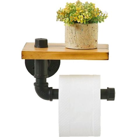 Porte Papier Toilette Industriel Avec Étagère en Bois Et Tuyau en Fonte -Support Mural Rustique Pour Papier Hygiénique en Tuyau de Fer -Porte Rouleau de Papier Rétro Vintage Pour Salle de Bain (1/4)