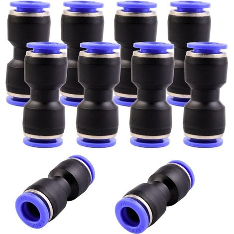 10 - Pneumatikverschraubung - Schnellanschluss - Gerade 10 mm - Für Druckluft und Schläuche aus PU, Nylon, PE und PVC - Schwarz und Blau - 10 x 1 cm (1/5)