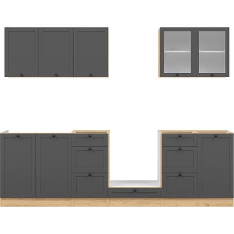 Pegane – Cuisine complète 260 cm – Ensemble de meubles de cuisine gris graphite et chêne bernstein – Armoires basses et hautes incluses (1/5)