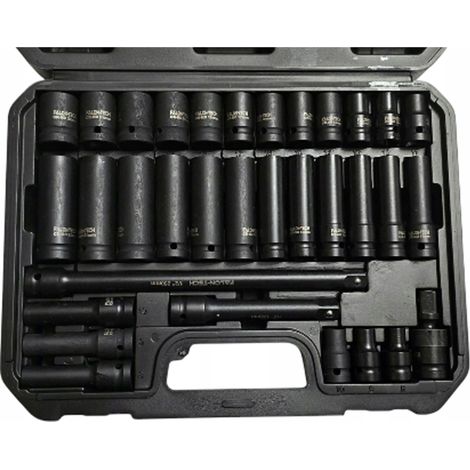 Jeu de douilles à impact 1/2" 8-22 mm Cr-Mo longues et courtes 33 pièces.