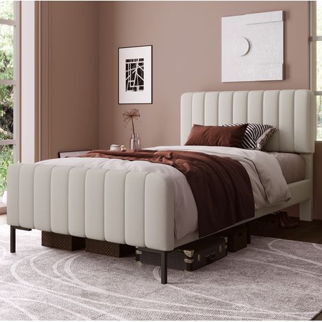 Cama individual tapizada moderna 90x200 cm de lino gris-beige con somier de láminas y cabecero regulable (1/5)
