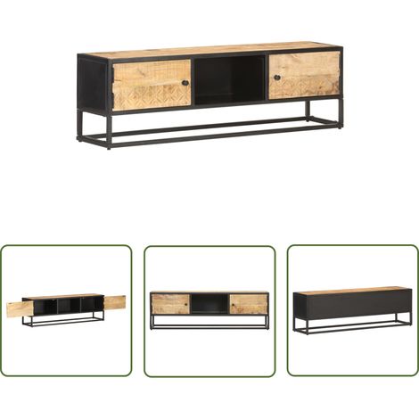Meuble TV avec porte sculptée 130x30x40 Bois de manguier brut (1/5)