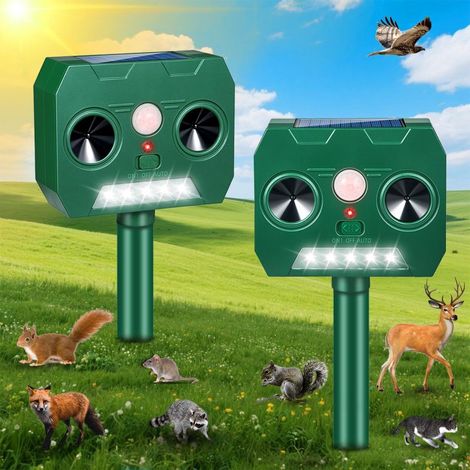 Dispositivo repelente de animales ultrasónico con energía solar, detector de movimiento y luces intermitentes (paquete de 2) (1/5)