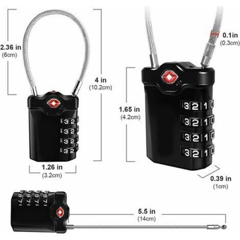 Code 4 Chiffres Cadenas Bagage pour Valise Voyage Cadenas Casier Collège avec Fonction d'alerte Bagages Ouverts et Cable en Acier (Noir)-1 article