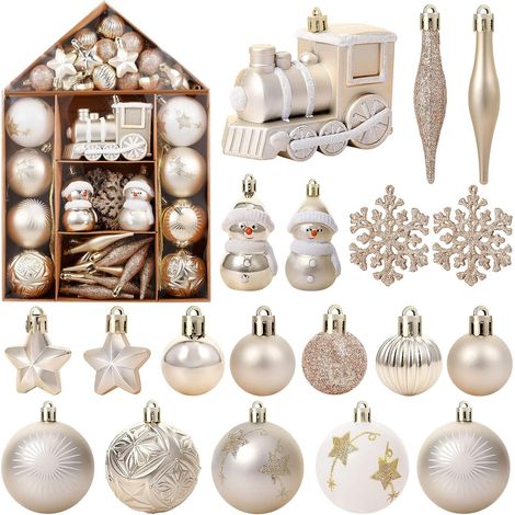70 Stück sortierte Weihnachtskugel-Anhänger mit Schlaufe zum Aufhängen am Weihnachtsbaum (Gold, Champagner, Schneemann)