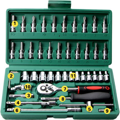 Coffret 46 Pièces Outillage Mécanique Auto Clés à Cliquet Douilles Combiné Coffre Vert (1/5)