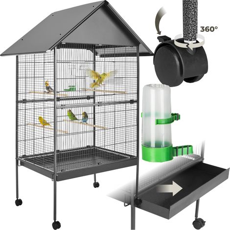 Cage à oiseaux en acier avec tiroir et 4 perchoirs gris anthracite (1/5)