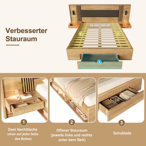 Lit double 160x200 cm en bois naturel avec rangement, lampe de lecture, 2 chevets et tiroirs, lit adulte/adolescent