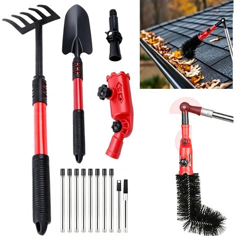 4m Outils de Nettoyage de Gouttière avec 11 Perches Extensibles, 2 Têtes Pivotantes à 180°, un Râteau, un Pelle et une Brosse de Gouttière pour Ramassage des Feuilles (1/5)