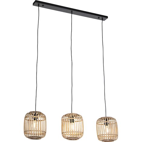 QAZQA Rústico Lámpara colgante rústica de ratán de 3 luces - Manila /Acero Cilíndra /Alargada /Redonda Adecuado para LED Max. 3 x 60 Watt (1/5)