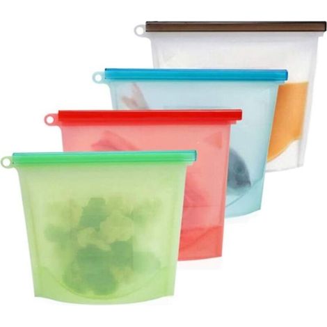 Sac de Stockage d'aliments en Silicone Réutilisable, Sachet de Nourriture de Silicone avec Clip Sac de Rangement de Congélation Sacs de Conservation pour Fruits, Légumes, Viande (Lot de 4) (1/5)