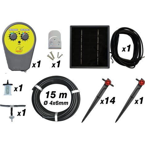 Jardibric – Kit d'arrosage goutte à goutte avec pompe solaire programmable – 15m tuyau Ø4x6mm – 15 goutteurs automatiques sur pic – Irrigation précise