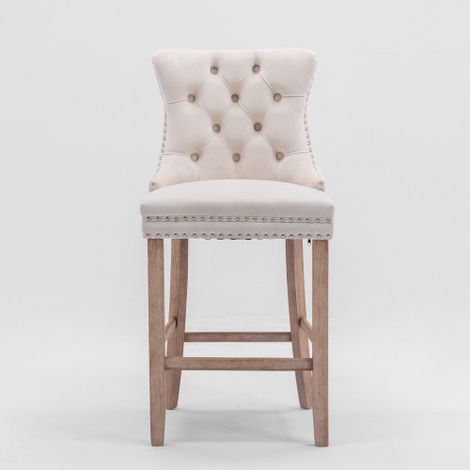 Tabourets de bar modernes rembourrés en velours — Caractéristiques : Capitonnage à boutons, pieds en bois massif et finitions cloutées chromées  Tabourets de bar au style décontracté, Lot de 2 (Beige)