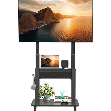 Support TV Roulant avec tiroir de Rangement en Tissu pour écran Plat/incurvé de 32-75" jusqu'à 100 kg LCD/LED/OLED Hauteur réglable Chariot TV Mobile avec Roues pour la Maison, Le Bureau et, Noir (1/5)