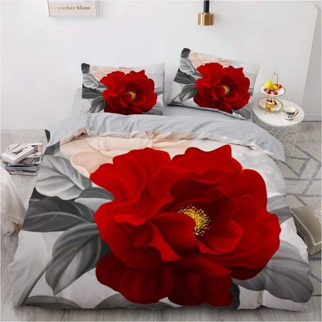 Bettwäsche-Set 135x200cm 4-teilig Grau Blumenmuster Microfaser mit 2 Kissenbezügen 80x80cm