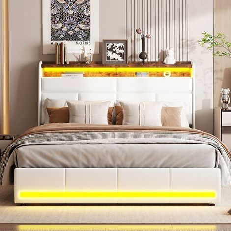 Bett Doppel 140x200 - Hydraulische Aufbewahrung - LED-Beleuchtung 6000+ Farben - Modernes Design - Weiß