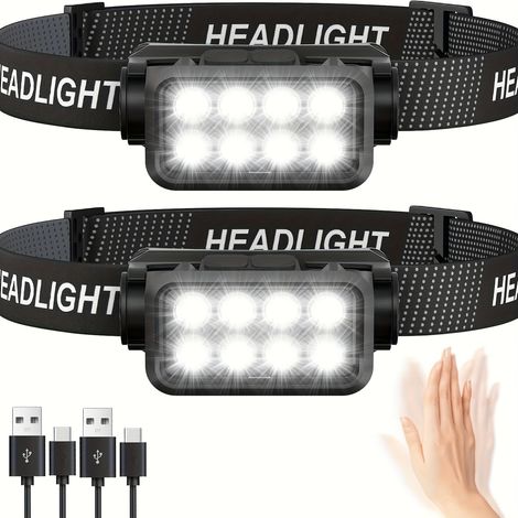 Lot de 2 lampes frontales LED rechargeables – 8 LED, 6 modes, recharge USB, étanches – Idéales pour le camping et le cyclisme (1/5)