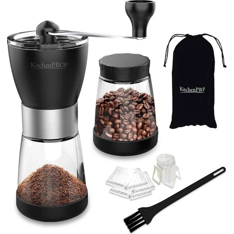 Ensemble de moulins à café manuels 14 pièces, en céramique et en verre, meules en céramique, pour expresso, café à la française et café filtre, pour une utilisation à la maison et en voyage.-AquaForge (1/5)