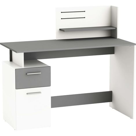 M&S – Bureau droit multimédia compact 122 cm – Couleur blanc et gris foncé – Avec tiroir et rangement intégré – Design épuré pour espace de travail (1/10)