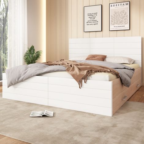 Bett 160x200 cm modern mit Kopfteil, 2 Schubladen, Lattenrost, Massivholz und MDF, Weiß und Eiche hell (1/5)