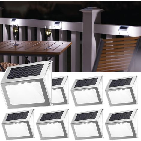 BEBUSINGOTO LED-Solar-Stufenleuchten, 3-seitige Linse, wasserdicht, Edelstahl, für Garten, Terrasse, Deck, Zaun, Treppe, 8er-Pack, Kaltweiß