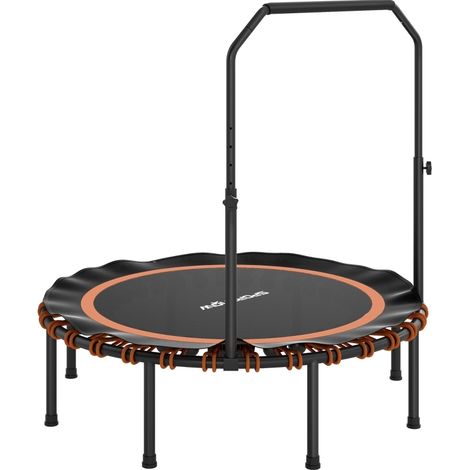 Trampoline de fitness pliable avec main courante réglable, cadre en acier et tapis en plastique orange, usage intérieur et extérieur (1/5)