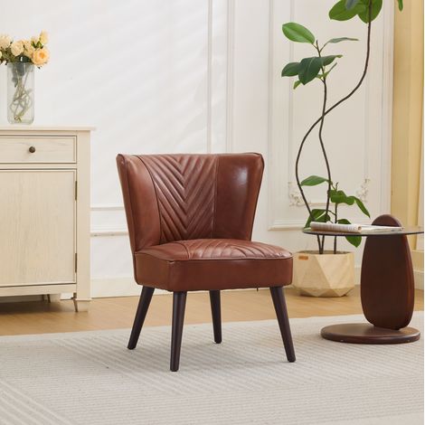OKWISH Fauteuil en cuir marron, coutures diagonales 45°, structure en bois massif, rembourrage mousse et ressorts (1/5)