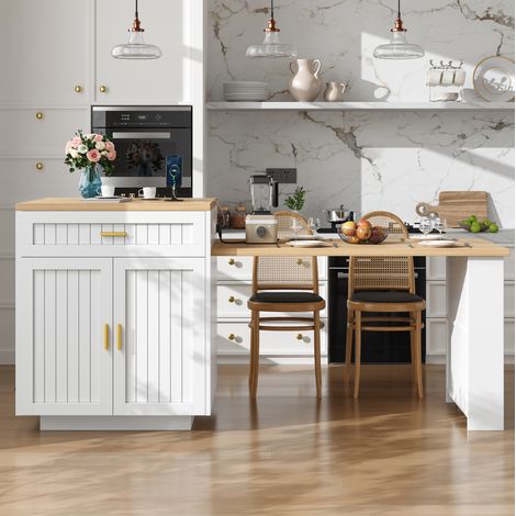 Mueble de cocina extensible con toma integrada, 121,5 a 192 cm, 1 cajón, estantes, blanco OKMYHOME (1/5)