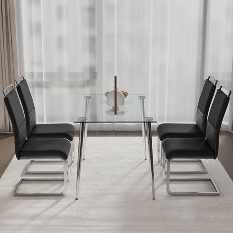 Lot de 4 chaises de salle à manger modernes, dossier en similicuir PU et lin, dossier haut rembourré, chaise d’appoint, design de dossier à rayures transversales pour salle à manger, cuisine, bureau d (1/5)