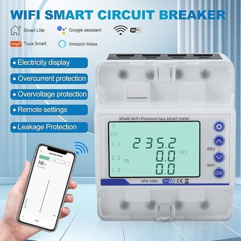 Compteur electrique triphasé 100A 380V AC Smart meter 3 phases wifi Compteur bidirectionnel avec asymétrie de tension/perte de phase/retard de surintensité/protection contre les sous-tensions. (1/5)