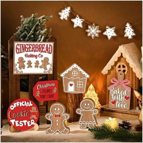 Support En Bois Pour Décoration De Table De Noël - 12 Pièces - Motifs Sapin, Père Noël, Bonhomme De Neige, Pain D'Épices - Pour Étageres, Tables, Cheminées Et Intérieurs Rustiques (1/5)