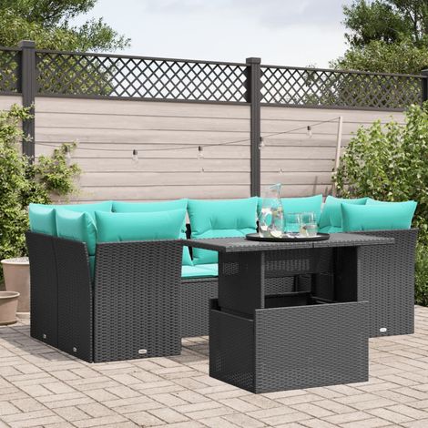 7-teiliges Gartensofa-Set mit Kissen, schwarzes Polyrattan (1/5)