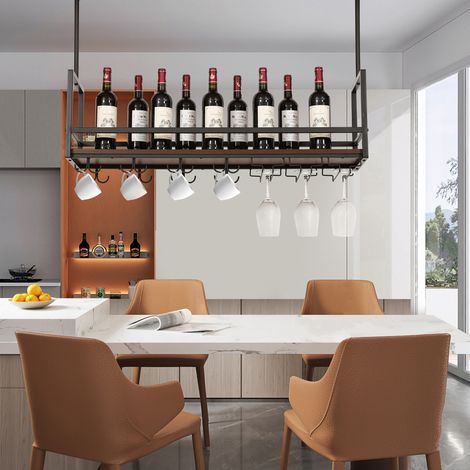 Weinregal mit Glashalterung Borejle 100x30x65 cm Schwarz/Walnussoptik [en.casa]
